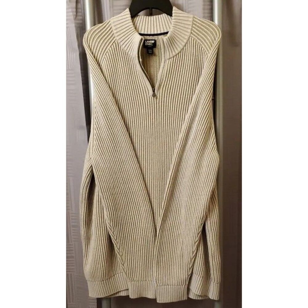 Lands End Mens XXL 50-52 Beige Drifter 1/4 Zip Up‎ Pullover Ribbed Sweater